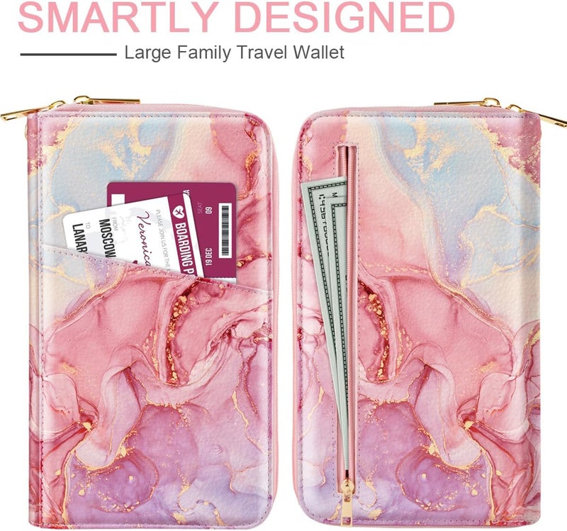 Simikol Family Passport Holder Wallet RFID Blocking Document Organizer PU Leather Mulit-purpose Travel Wallet Credit Cards Case for Women Men,Red Marble - Image 3